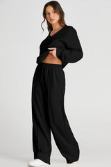 Black V Neck Cropped Sweatshirt & Seamed High Waist Pants Set