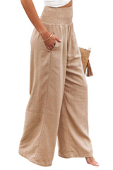 Khaki Smocked Wide Waistband High Waist Wide Leg Pants