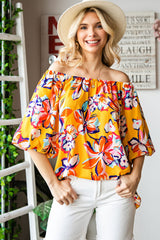 Yellow Floral Print Boho Half Sleeve Bishop Sleeve Blouse