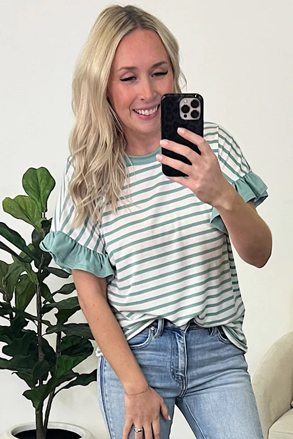 Green Striped Ruffle Cuffs Round Neck T-Shirt