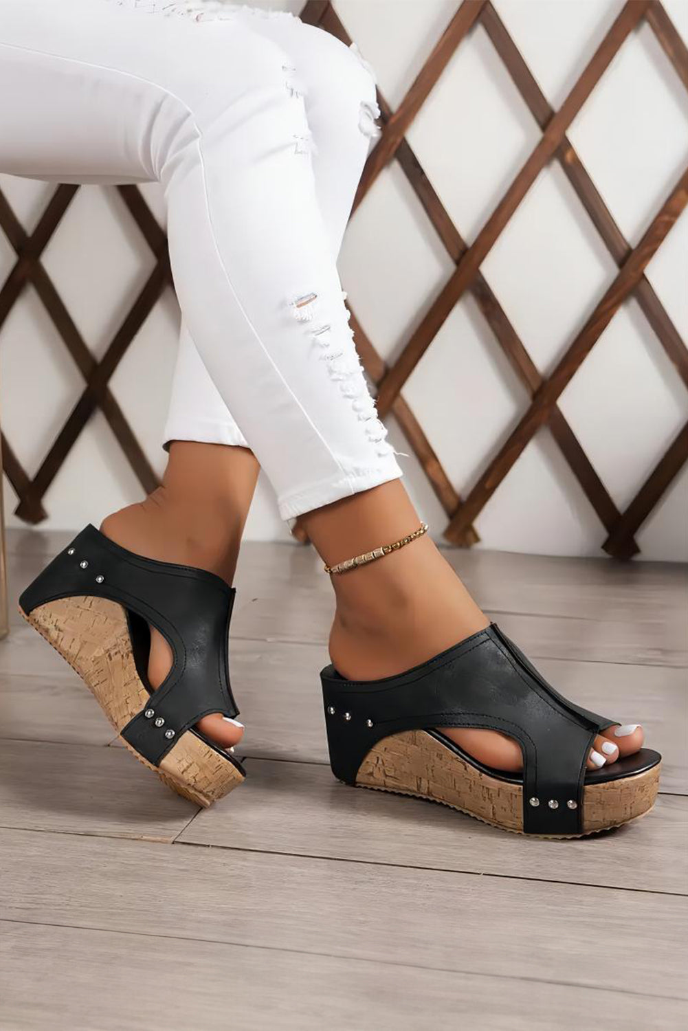 Black Hollow Out Studded PU Leather Wedge Slides Shoes