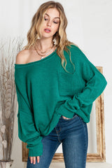 Green Solid Color Drop Shoulder Knitted Pullover Sweater