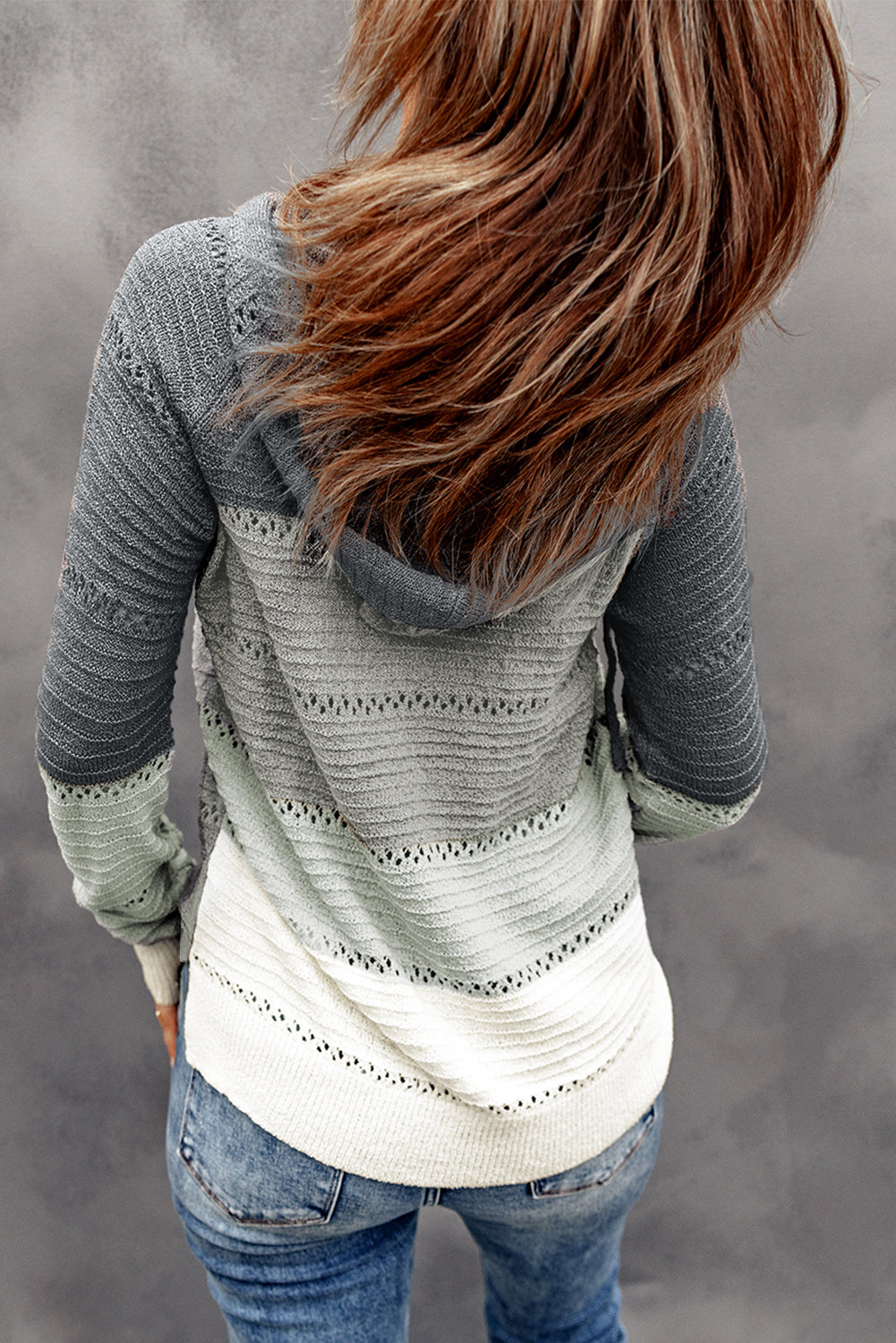 Grey Colorblock Casual Cutout Knit Hoodie Sweater
