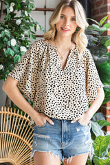 Cheetah Notch V Neck Casual Ruffle Sleeve Blouse