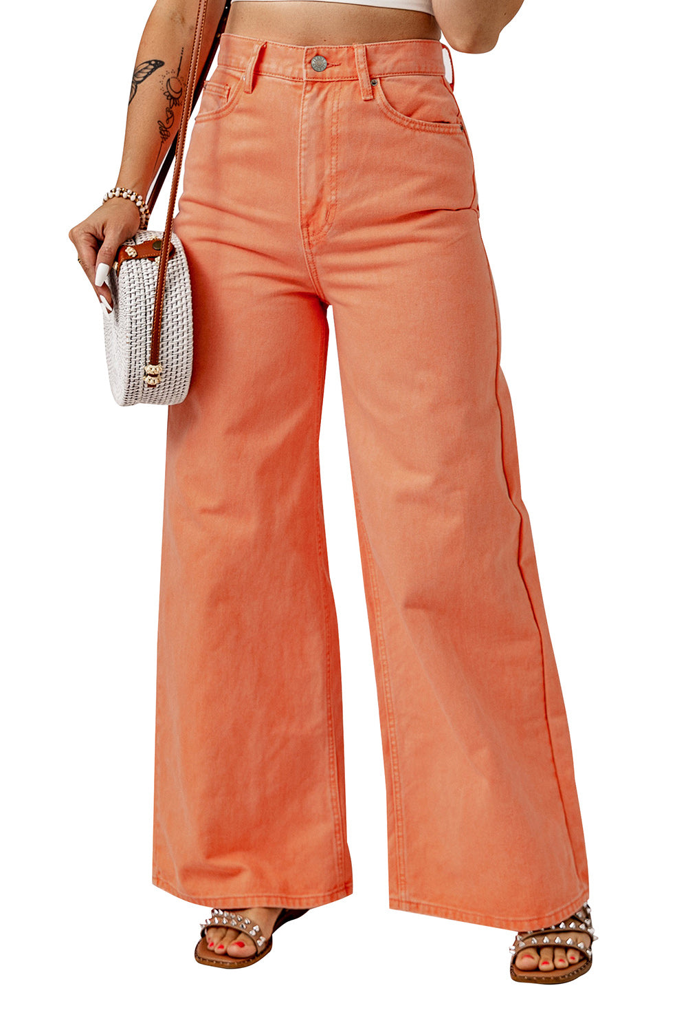 Orange Acid Wash Casual High Waist Wide Leg Jeans