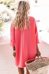 Strawberry Pink Solid Color V Neck 3/4 Sleeve Dress