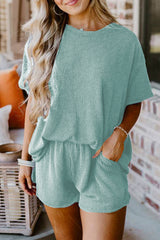 Iceland Blue Ribbed Textured Loose Fit Tee & Shorts Set