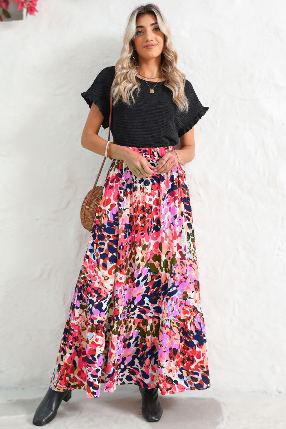 White Abstract Print High Waist Maxi Skirt