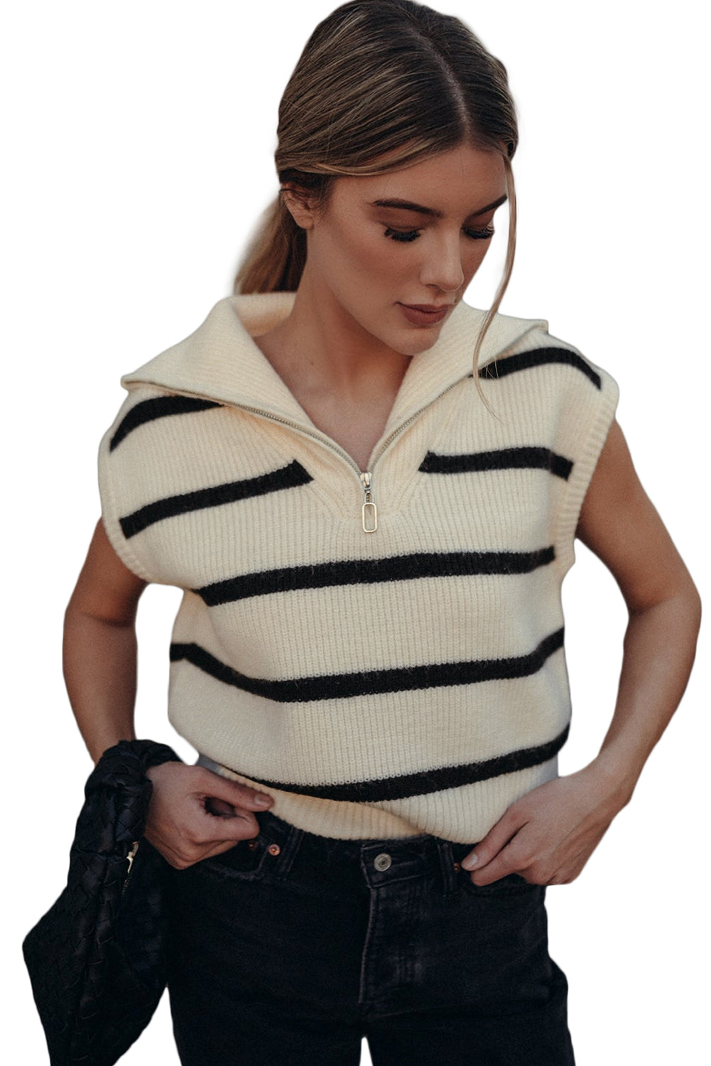 White Stripe Zipped Collar Cap Sleeve Knit Top