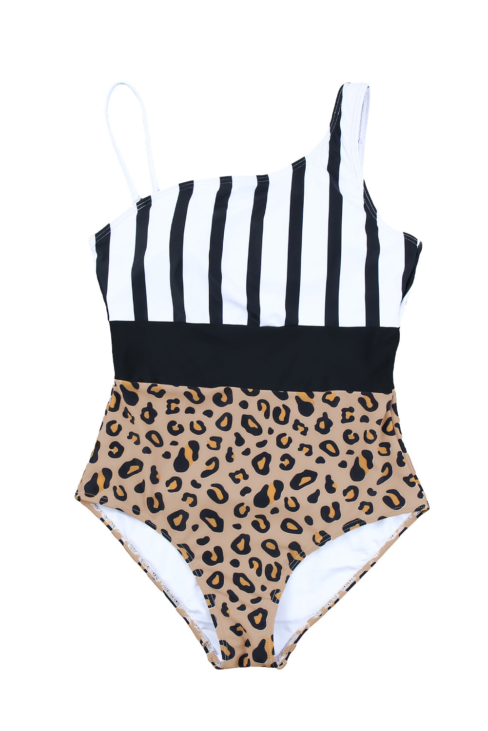 Leopard Striped Colorblock Asymmetrical Sleeveless One Piece Swimsuit