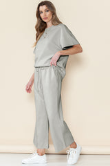 Gray Textured Loose Fit T Shirt & Drawstring Pants Set