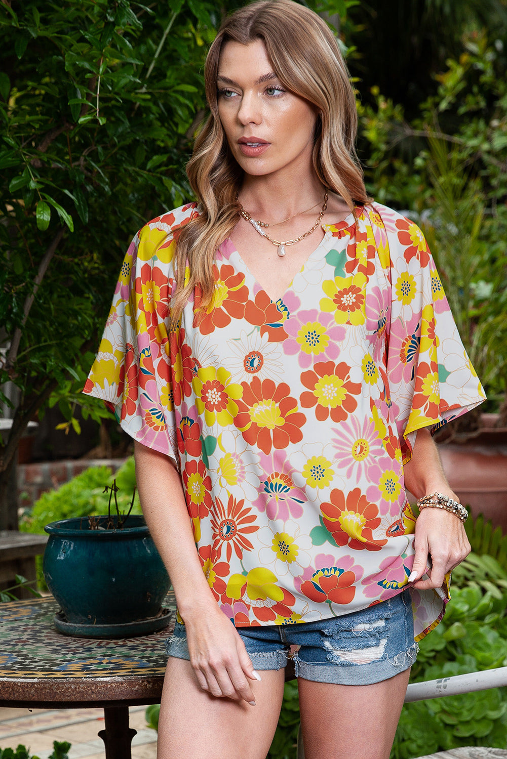 Orange Floral Print V Neck Flutter Sleeve Blouse for Women