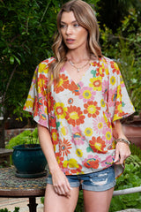 Orange Floral Print V Neck Flutter Sleeve Blouse for Women