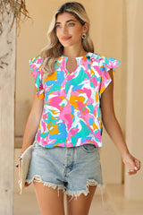 Multicolour Abstract Print Smocked Notched Neck Ruffle Blouse