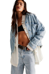 Sky Blue Stripe Washed Oversized Pocketed Denim Jacket