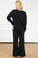 Black Textured Loose Slouchy Long Sleeve Top and Pants Set