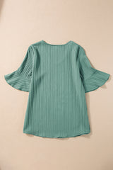 Grass Green Ruffled Short Sleeve V Neck Textured Blouse