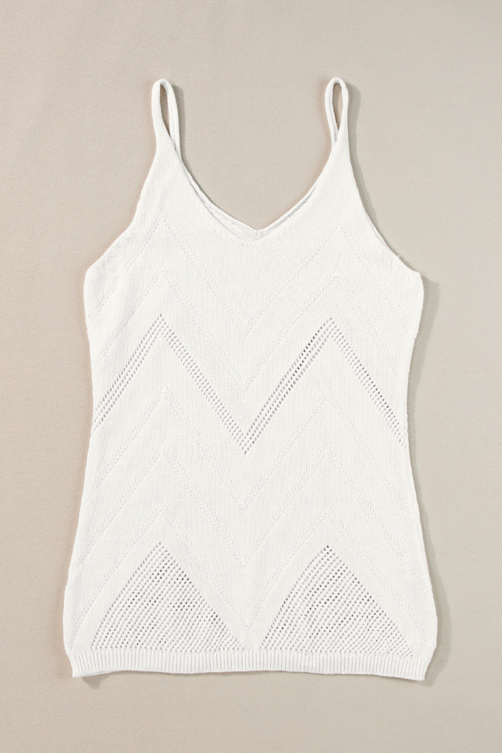 White Chevron Pointelle Knit V Neck Cami Top