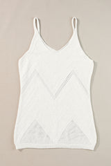 White Chevron Pointelle Knit V Neck Cami Top