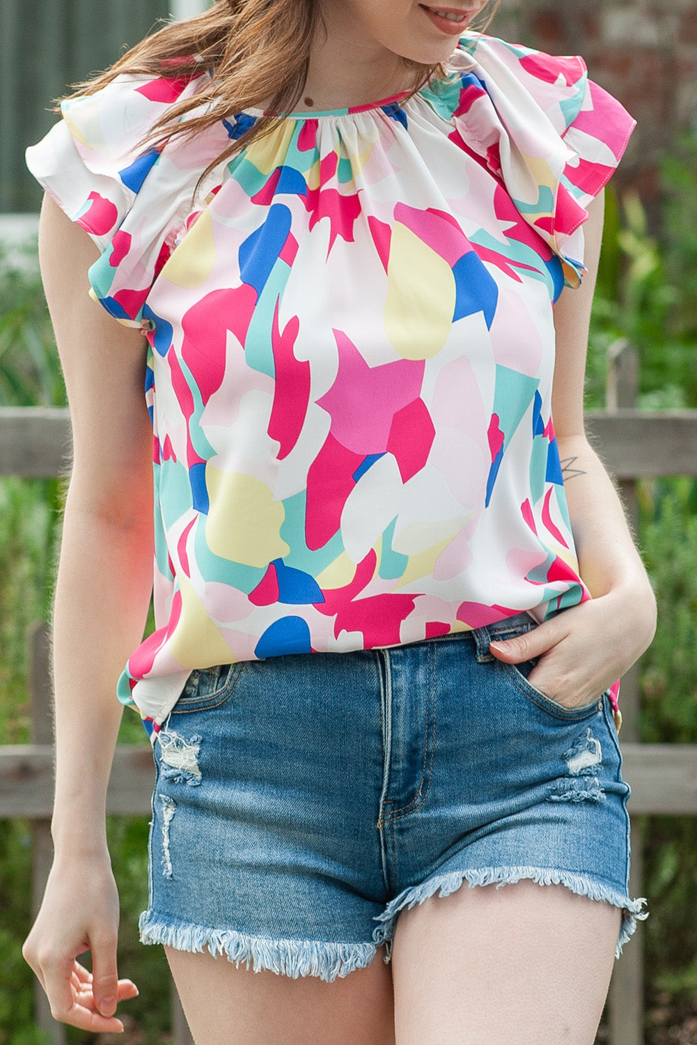 Multicolor Abstract Pattern Ruffle Sleeve Blouse