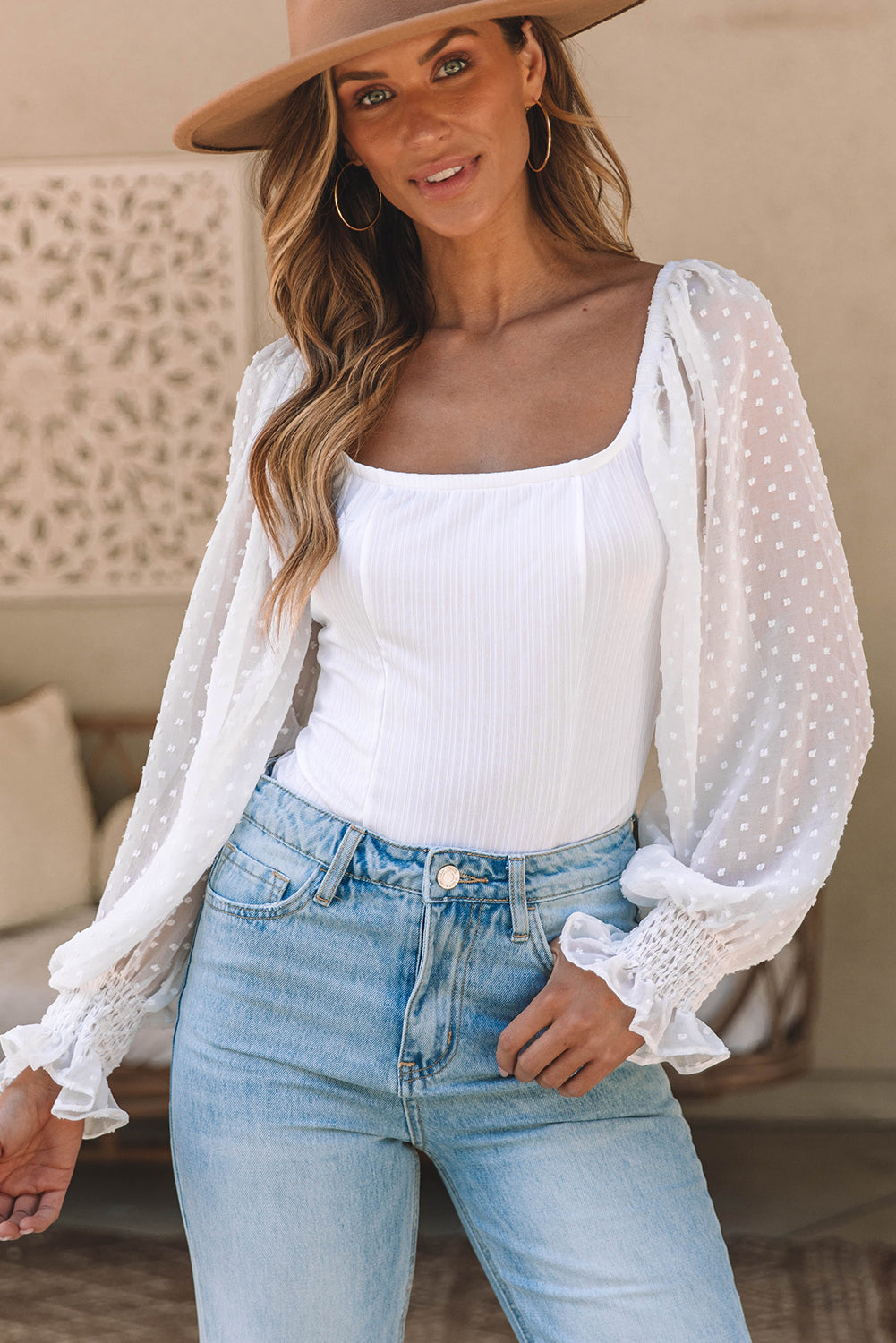 White Casual Solid Swiss Dot Ribbed Puff Sleeve Bodysuit