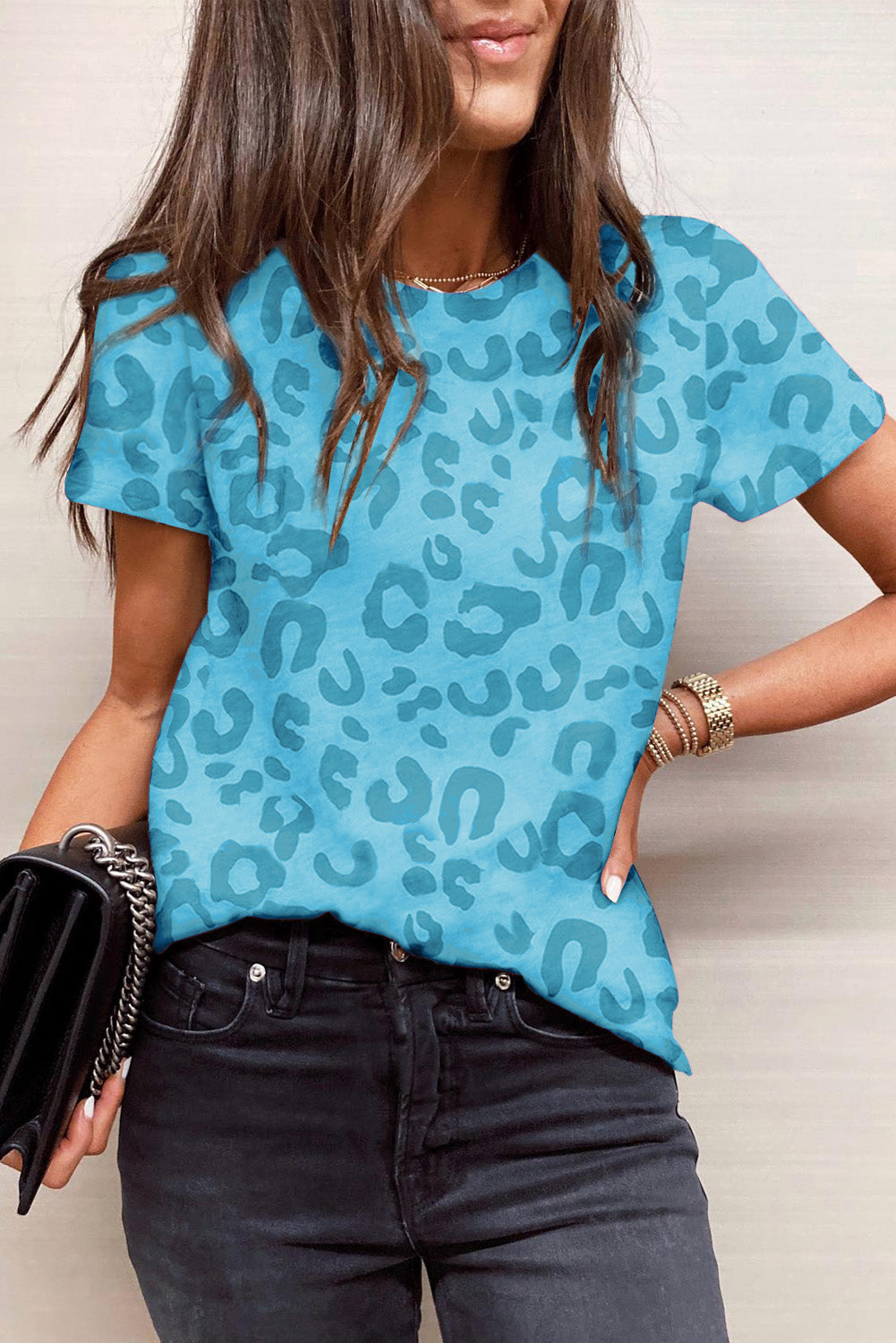 Sky Blue Casual Leopard Crew Neck Short Sleeve T Shirt