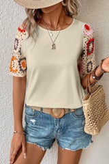 Parchment Hollowed Floral Crochet Sleeve Boho T Shirt