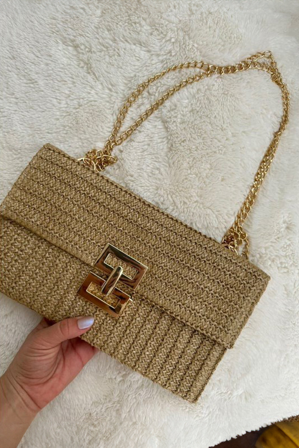 Beige Minimalist Braided Flap Chain Strap Shoulder Bag