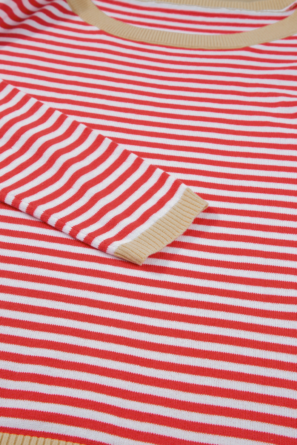 Fiery Red Striped Colorblock Trim Knit Pullover Sweater