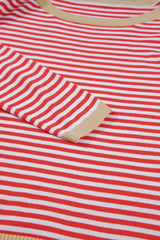 Fiery Red Striped Colorblock Trim Knit Pullover Sweater