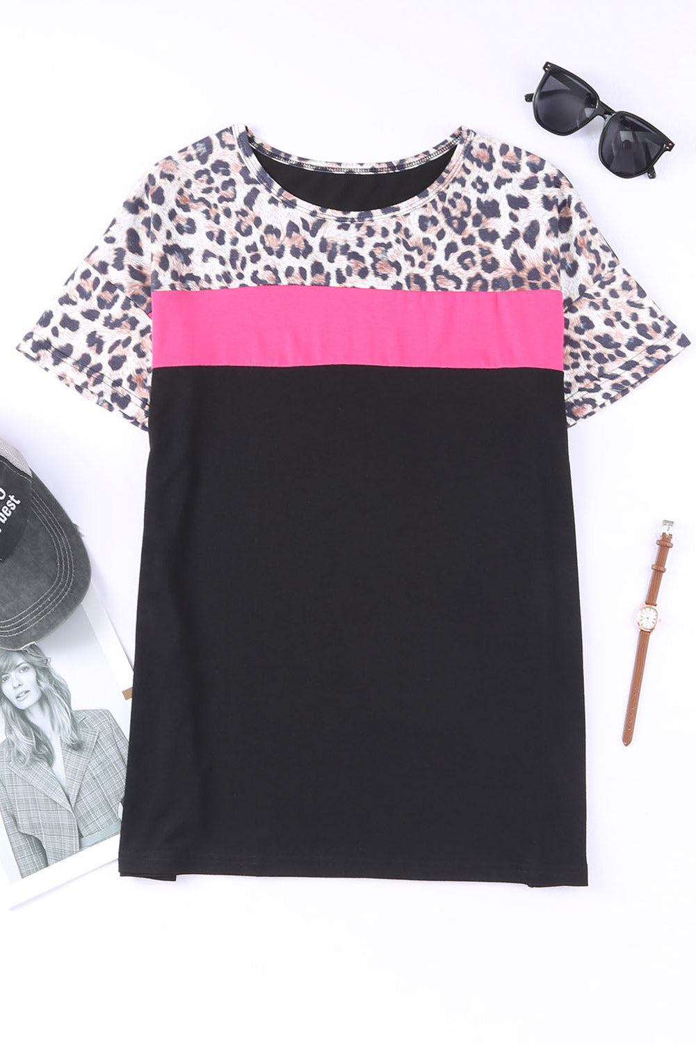 Black Casual Leopard Colorblock Splicing T-Shirt