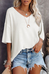 White Waffle Knit Casual Drop Shoulder Loose Top