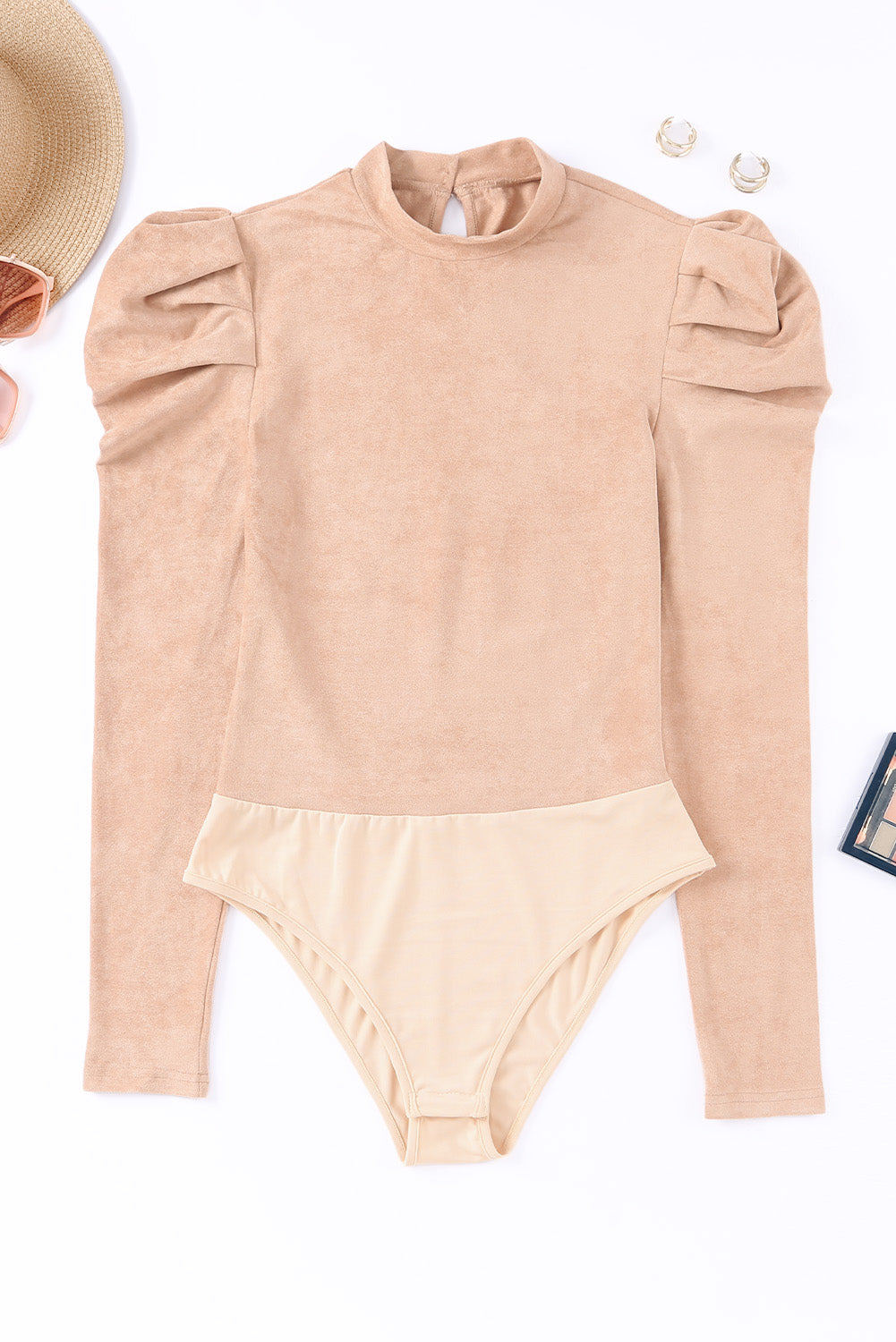 Brown Puff Sleeve Casual Suede Bodysuit