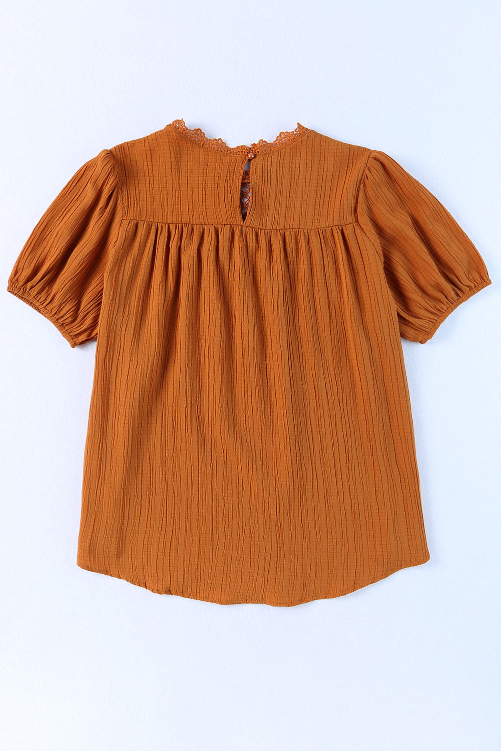 Orange Textured Lace Crochet Casual Keyhole Puff Sleeve Blouse