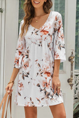 White Floral Print V Neck Flutter Half Sleeve Empire Waist Dress