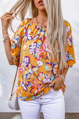 Yellow Floral Print Boho Half Sleeve Bishop Sleeve Blouse