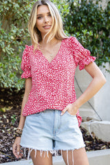 Pink Abstract Print Casual V Neck Ruffle Sleeve Blouse