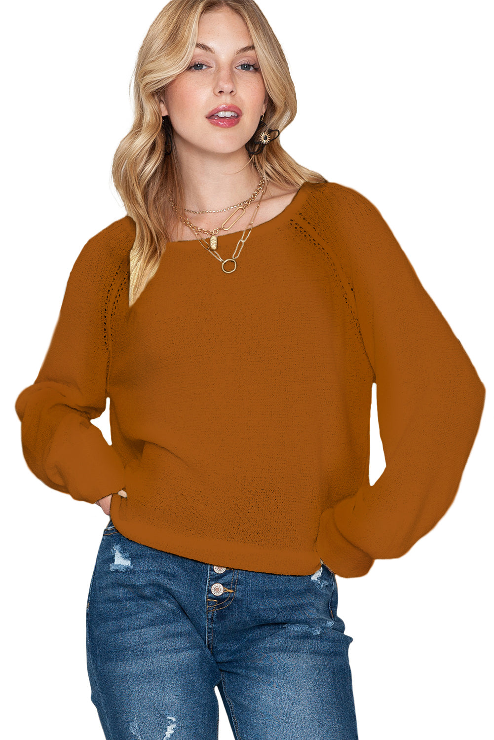 Brown Plain Raglan Sleeve Casual Pullover Sweater