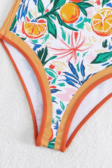 Orange Fruit Plant Print Tie Straps V Neck One Piece Swimsuit