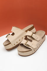 Beige Suede Buckle Decor Corky Platform Slides Shoes