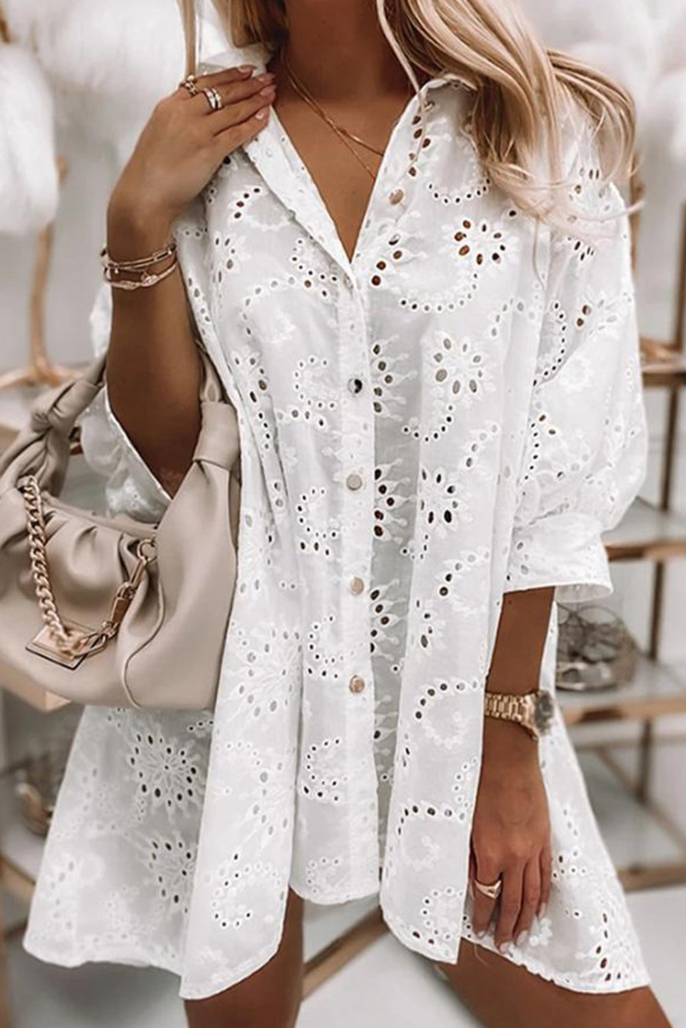 White Casual Eyelet Lace Shirt Babydoll Dress