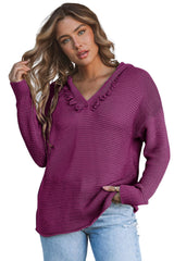 Purple Split V Neck Pullover Knit Sweater Hoodie