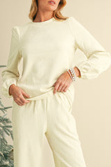 Beige Textured Puff Sleeve Top and Pants Set