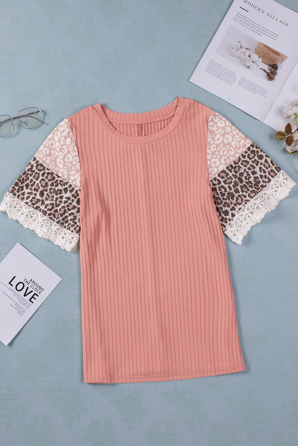 Pink Rib-Knit Leopard Lace Splicing Sleeve Patchwork Summer Top