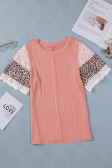 Pink Rib-Knit Leopard Lace Splicing Sleeve Patchwork Summer Top