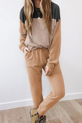 Khaki Colorblock Corded Slouchy Top and Pants Set