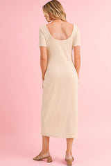 Beige V Neck Ruched Button Front Midi T Shirt Dress