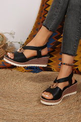 Black Leather Crossed Strap Metal Decor Wedge Sandals