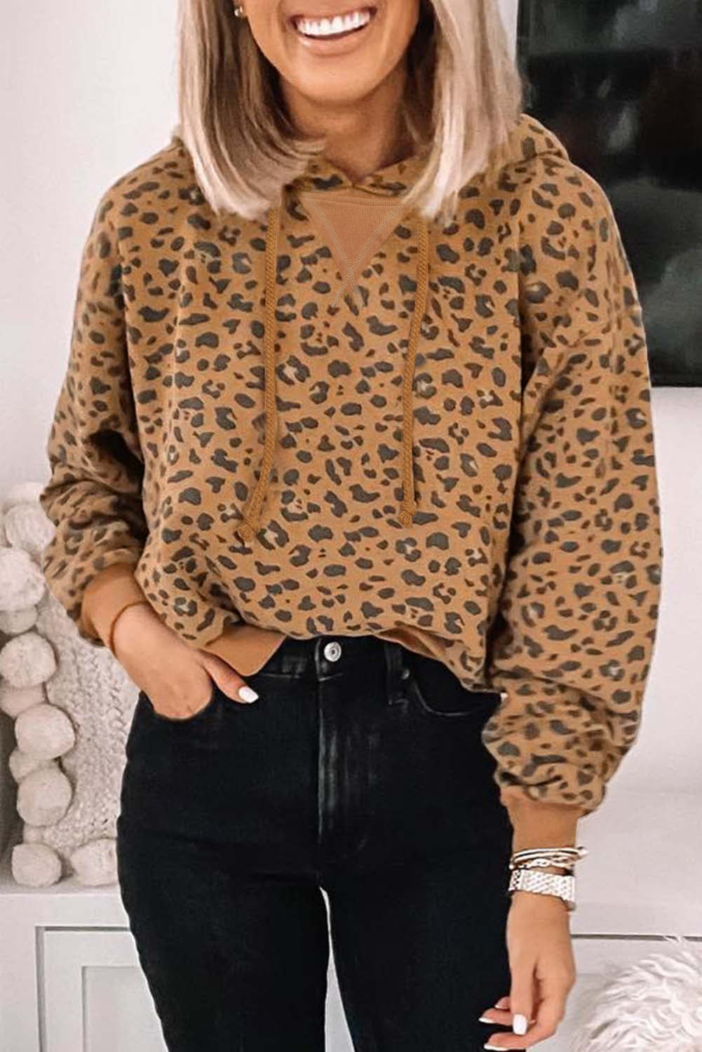 Leopard Long Sleeve Drawstring Hoodie