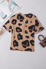 Light Beige Leopard Print Button V Neck T Shirt